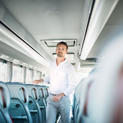 Karl Johansson, Business Development Director, Coach Europe at Volvo Buses, inside a coach.