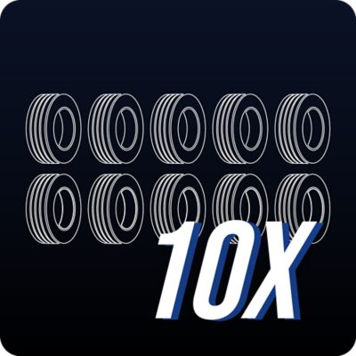 Tyylitelty kuva kymmenestä kuorma-auton renkaasta.