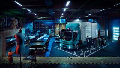 Electric Volvo truck inside a clothing factory