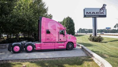 Mack Trucks is showing its support for breast cancer awareness by prominently displaying a pink Mack Anthem® model at its World Headquarters based in Greensboro, N.C. 