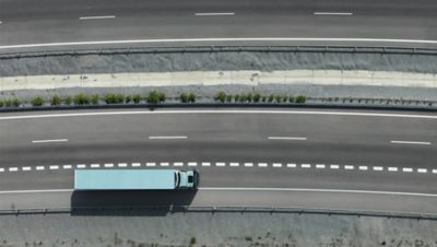 Volvo FH with a tralier from a bird's eye view