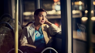 Passenger relaxing on board the Volvo 7900 Electric