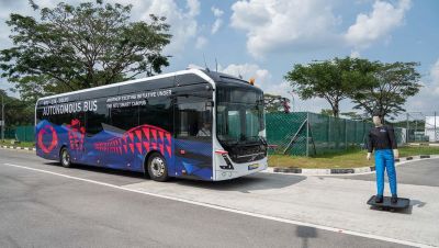 The bus is equipped with four Lidar sensors which enables it to detect and stop for objects coming in its way.