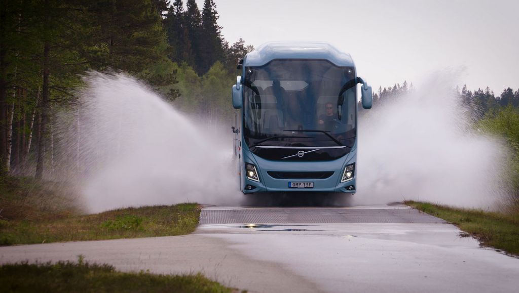 Volvo bus on test drive at the proving ground in Hällered, Sweden