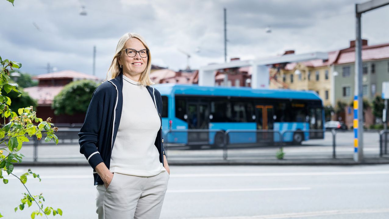 Marie Carlsson, Director for City Mobility Business Development at Volvo Buses, at a bus stop in Gothenburg, Sweden