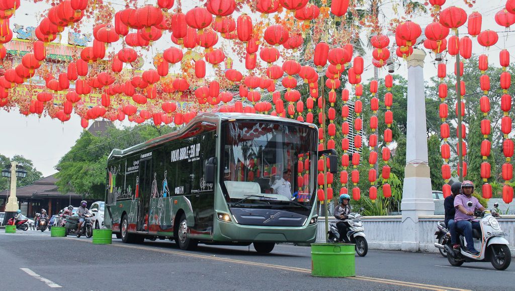 Volvo bus on test drive in Surakata (Solo) City, Indonesia