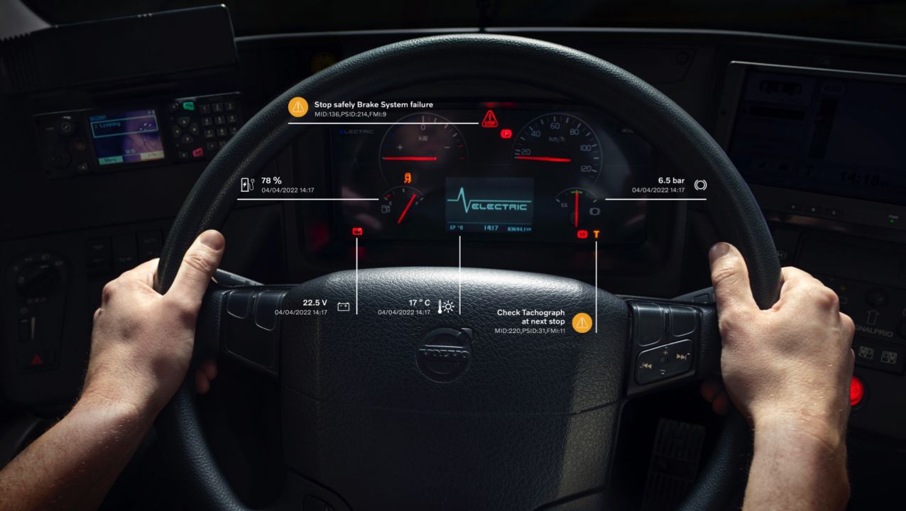 Hands on a steering wheel in front of a dashboard. Overlay of graphics.