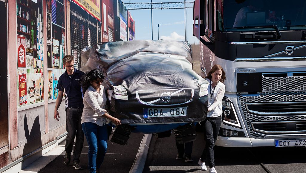 Active safety systems using robotic controllers to steer, accelerate and brake the truck at the AstaZero test site in Sweden.