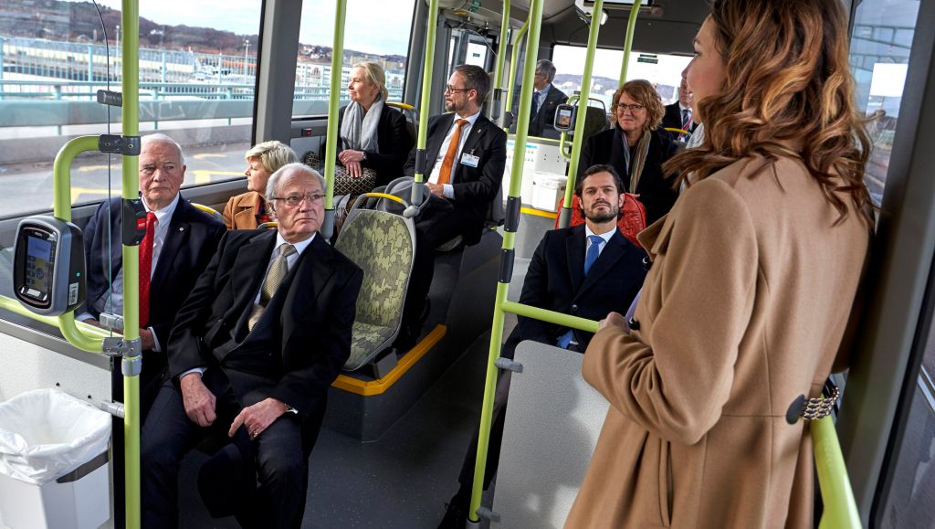 The Canadian Governor General and the King of Sweden on the electric bus.