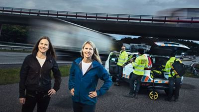 1.35 million people die globally in traffic each year. “We work for the safety of all road users, both inside and outside our trucks. Our vision is zero accidents. There is no other alternative,” says Anna Theander, Accident Research Team Leader (right), standing together with Anna Wrige Berling, Traffic and Product Safety Director at Volvo Trucks (left). 