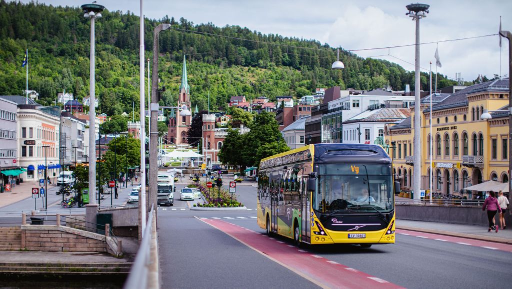 A Volvo 7900 Electric in the streets of Drammen, Norway.