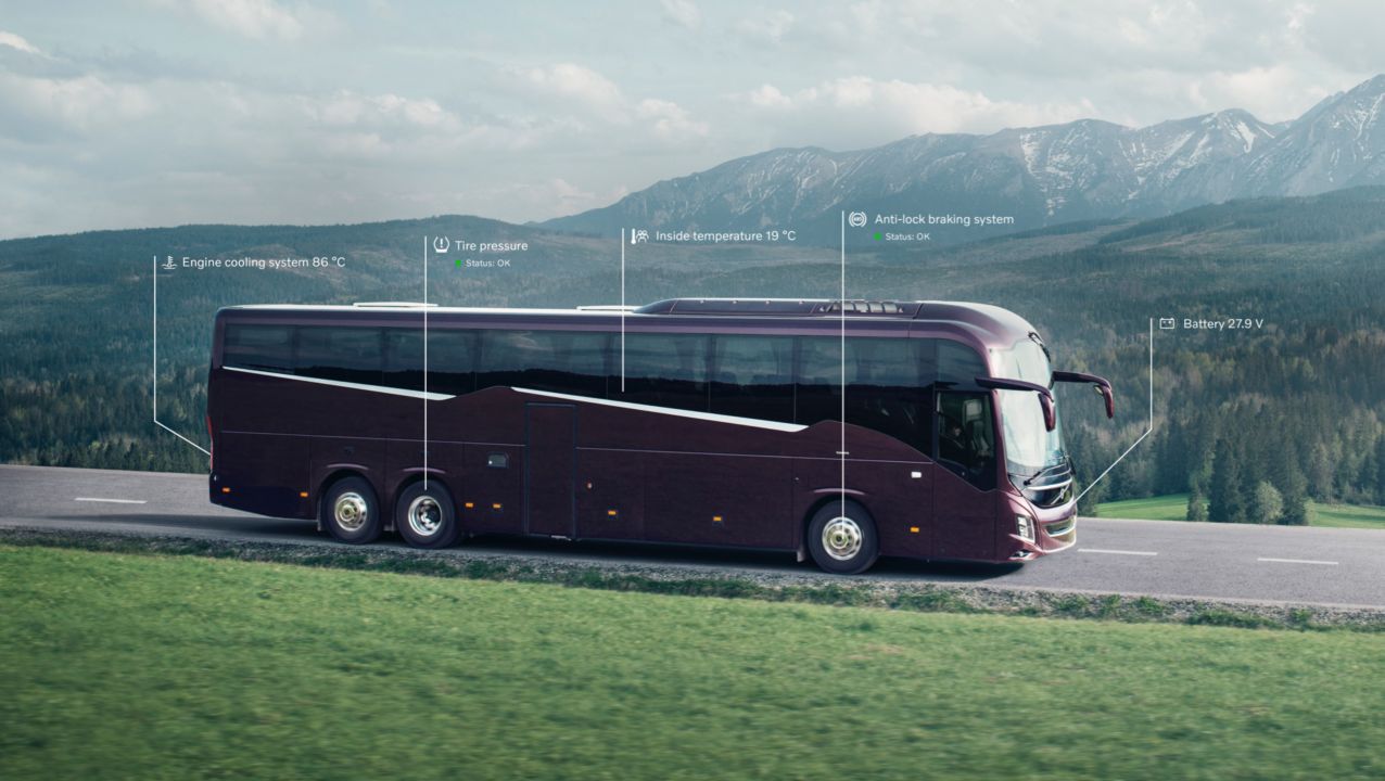 Side view of a coach bus with an overlay of graphics.