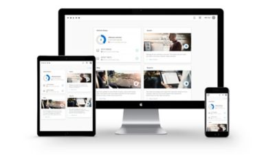 The Volvo Connect interface displayed in three different sizes: mobile, tablet and stationary computer monitor.