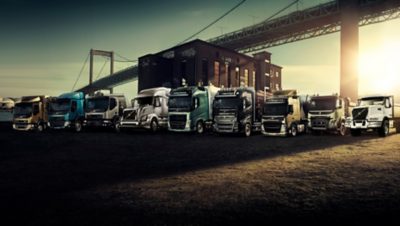 Trucks of different models in front of bridge
