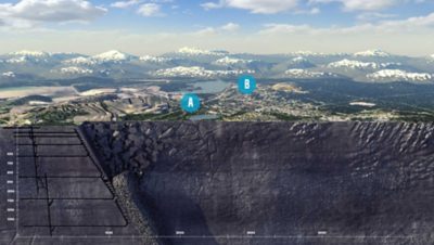 Illustrazione della sezione trasversale del giacimento, che mostra come stia “minando” la città di Kiruna