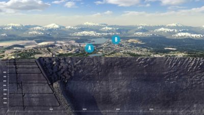Prierezová ilustrácia bane, ktorá ukazuje, ako podkopáva mesto Kiruna
