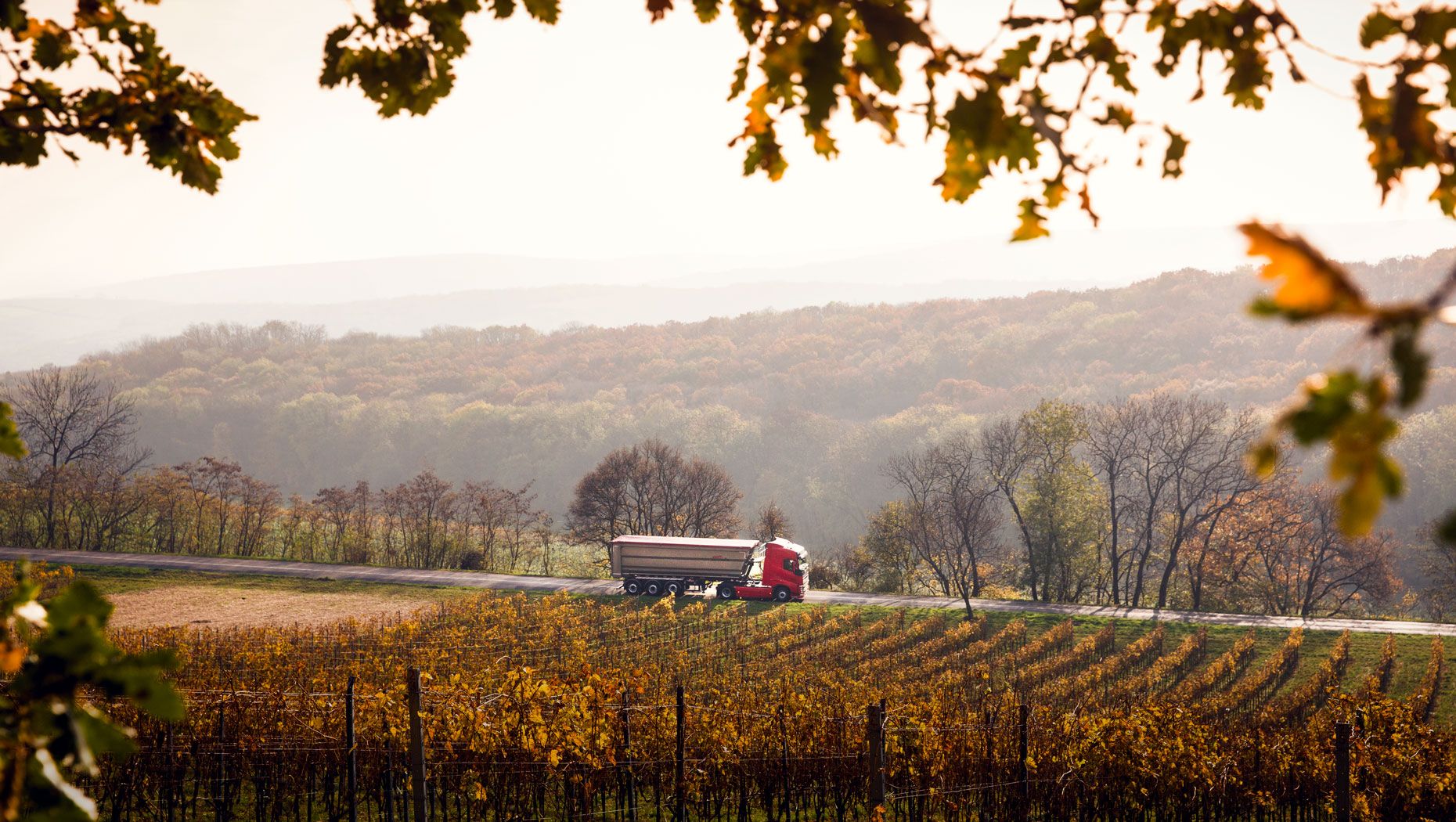 A Volvo truck journeys through the Czech countryside