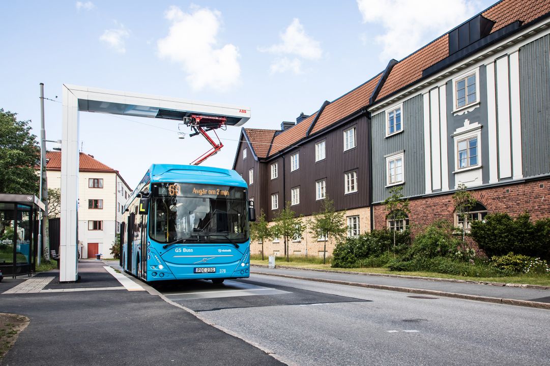 A Volvo full-electric bus charging