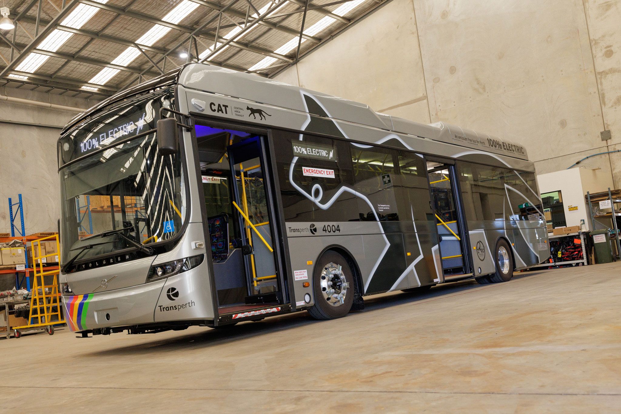 A grey Volvo BZL Electric bus