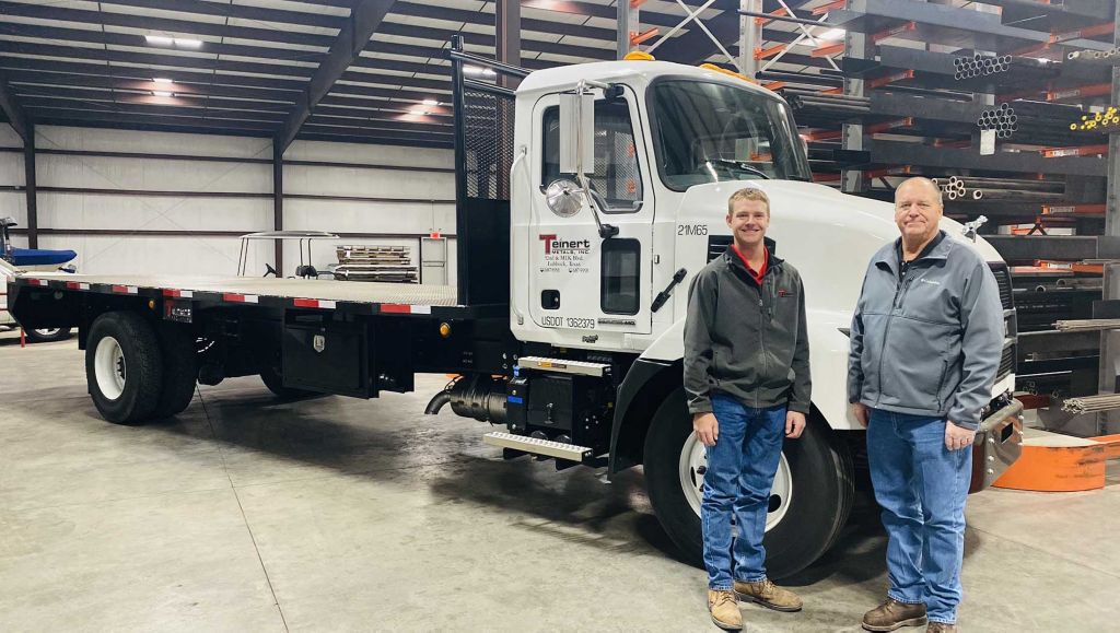 Mack Trucks’ MD Series models are exceeding customer and dealer expectations for productivity and performance, resulting in strong order activity and driving increased interest in the medium-duty vehicles. Pictured on the left is Logan Teinert, fleet manager of Teinert Metals (left), and Randy Teinert, owner (right), who stand beside their first Mack® MD6, one of two in their fleet. The Mack MD6 pictured on the right is part of the leasing and rental fleet owned by Mack dealer TranSource Truck & Trailer Centers in Greensboro, North Carolina