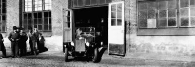 One of the first Volvo Group cars driving out of a factory on Hisingen