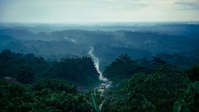 A Volvo Group truck driving on a serpentine road running through a big forest