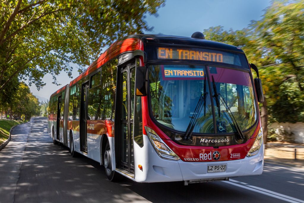 A Volvo articulated bus on a street in Santiago, Chile.