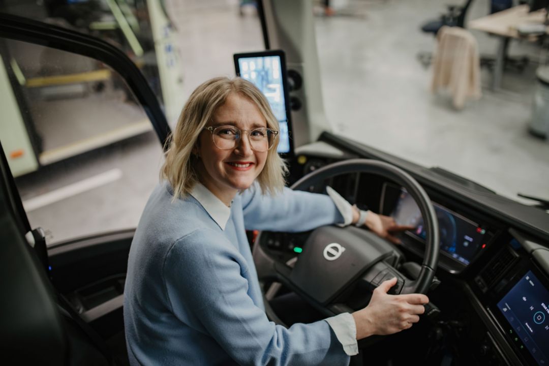 Volvo Buses’ HMI expert Ulrika Larborn sitting in the driver environment