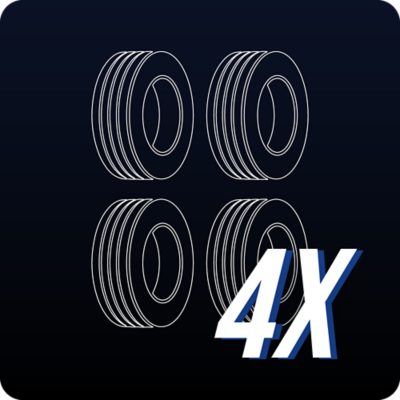 Tyylitelty kuva neljästä kuorma-auton renkaasta.