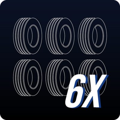 Tyylitelty kuva kuudesta kuorma-auton renkaasta.