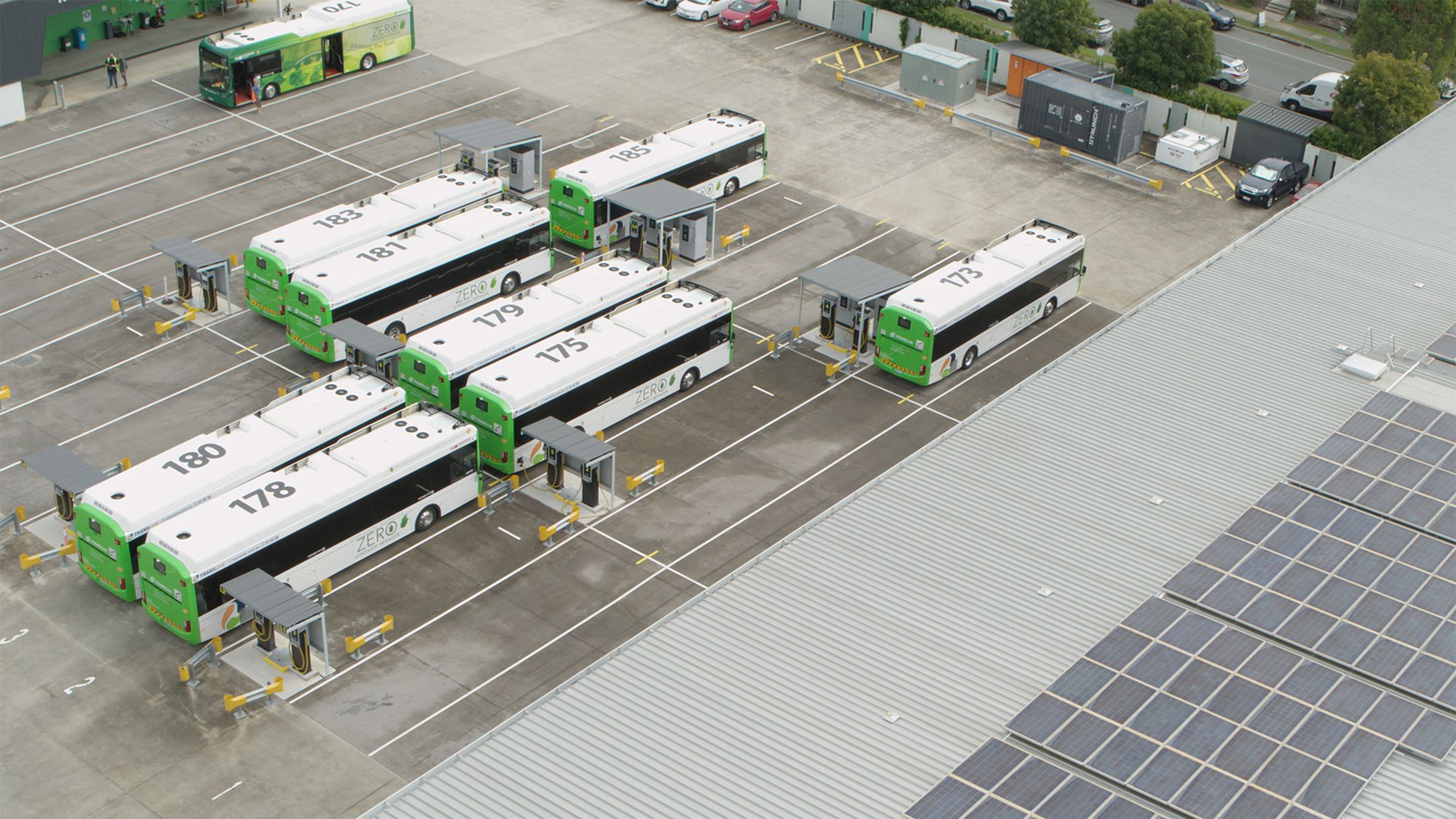 Aerial view of a fully-electric bus depot.