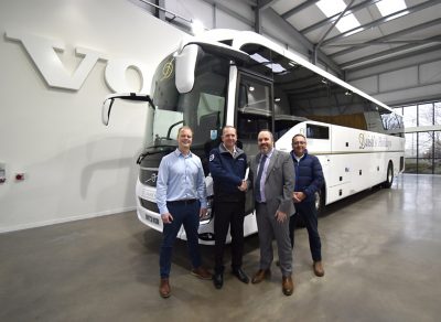 (left to right) Josef Gisslow, Retail Sales Director, Volvo Bus UK & Ireland; Simon Woolacott, Regional Sales Manager, Volvo Bus UK & Ireland; Richard Moon, Transport Manager, Daish’s Holidays and David Cyphus, Fleet Manager, Daish’s Holidays