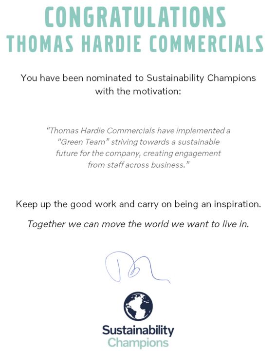 Thomas Hardie Commercials nominated for Sustainability Champion