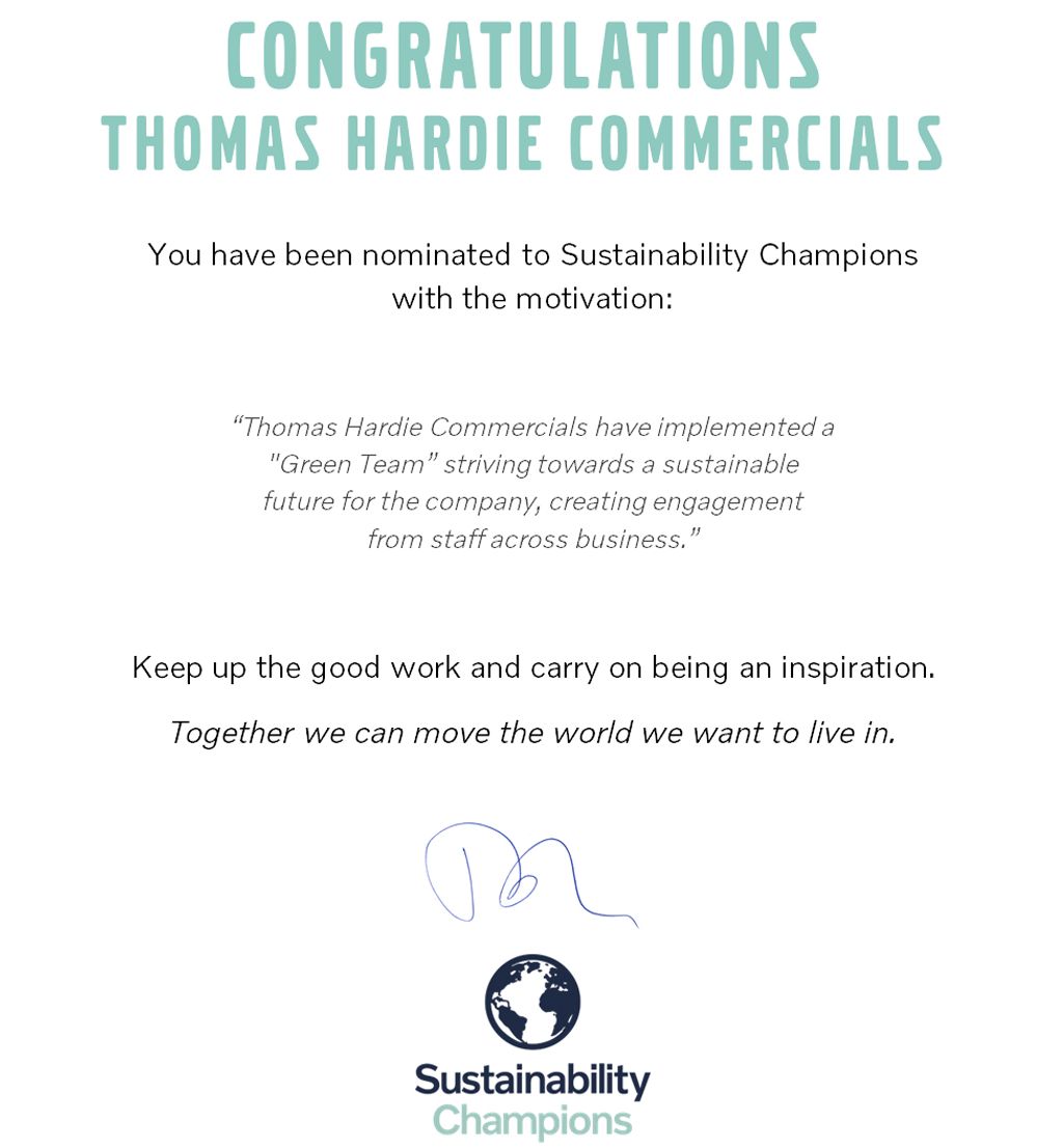 Thomas Hardie Commercials nominated for Sustainability Champion