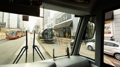 Street view of Curitiba from inside a bus