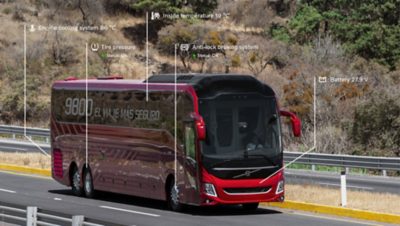 Vista lateral de autobús en la carretera en un paisaje montañoso, con gráficos que muestran datos del sistema de gestión de flota