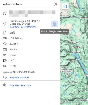 Linkki Googlen katunäkymään ajoneuvon tiedoissa 