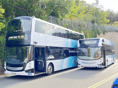 Volvo BZL Electric single and double-deck demonstrators stand side by side, both of which have undergone testing at First South Yorkshire