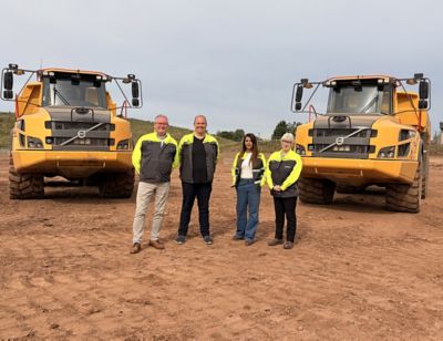 Construction is underway on Volvo Group's new Regional Distribution Centre in Coventry, UK. The 91,000-square-foot, built-to-suit facility will consolidate parts operations currently based in Rugby and is expected to be fully operational in 2027. Pictured (l-r) is Paul Alston, Property Manager; Jeroen De Keyzer, Warehouse Operations Manager; Sabrina Loyer, General Manager and Grug Davies, Real Estate Director.