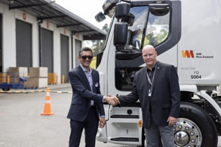 Jitesh Singh, WM New Zealand and Rob Woods Volvo Trucks New Zealand Handover 6 Volvo Electric Trucks 
