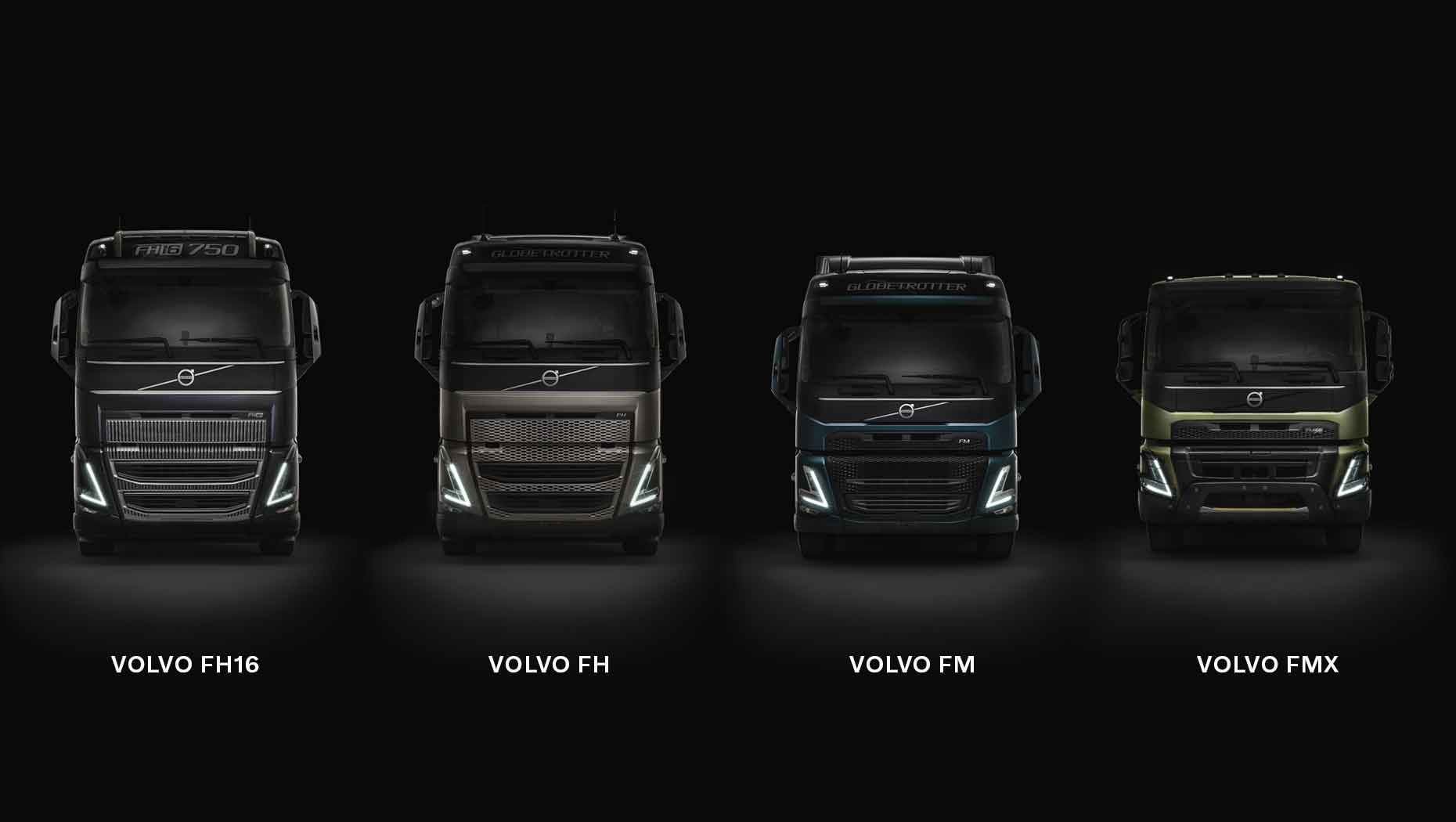 Čelný pohľad na Volvo FH16, Volvo FH, Volvo FM a Volvo FMX na tmavom pozadí