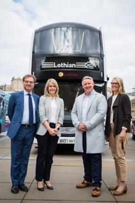 From left to right: Domenico Bondi, Managing Director of Volvo Bus UK & Ireland, Sarah Boyd, Managing Director of Lothian Buses, Colin Barnes, Engineering Director of Lothian Buses, and Marie Carlsson Vice President of Electromobility Business Development at Volvo Buses, stood in front of the Volvo BZL Double Deck demonstrator at the ALBUM Conference 2023