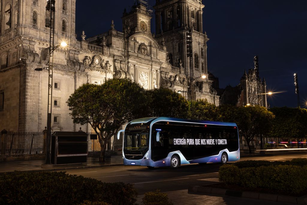 A Volvo electric bus in front of the cathedral in Mexico City