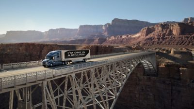 Volvo truck with the message "I'm one in a million" on its payload, driving on bridge in San Diego, USA