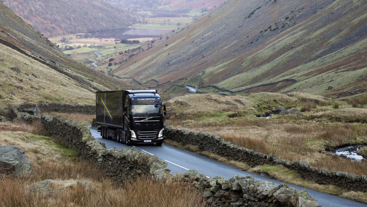 The Volvo FH with I-Save on the road in the Lake District in northern England