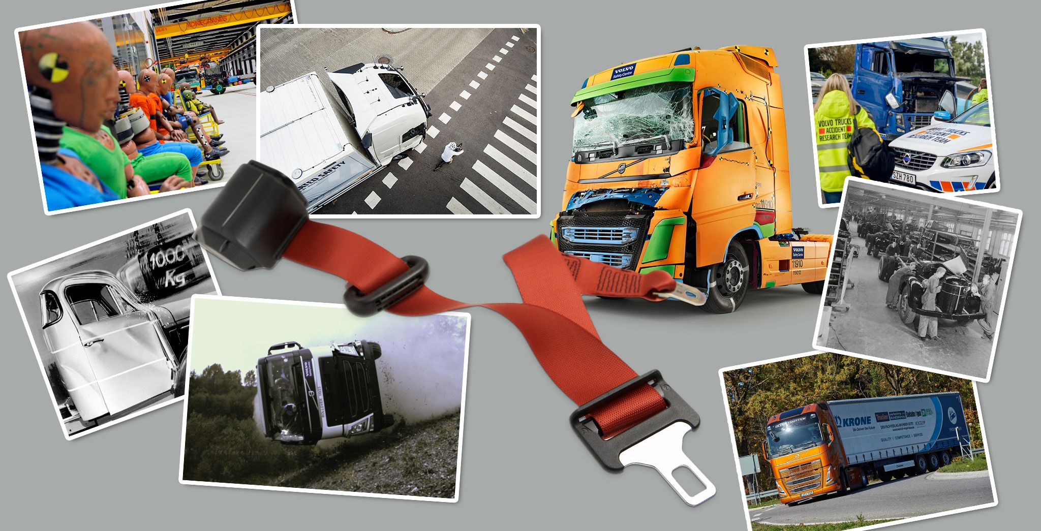 Collage mit Sicherheitsmeilensteinen von Volvo, die Crashtests, Forschung und Lkw zeigt, in deren Mittelpunkt ein roter Sicherheitsgurt steht.