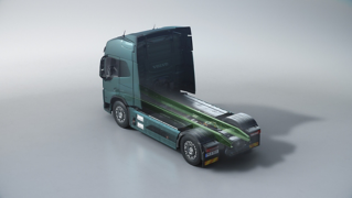 דגם הדמיה של משאית וולוו ומסילות המסגרת העשויות פלדה ירוקה ללא דלקים