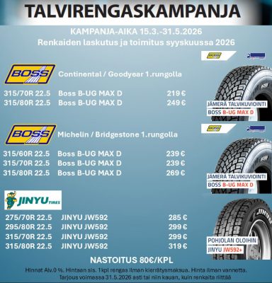 Tyylitelty kuva kuudesta kuorma-auton renkaasta.