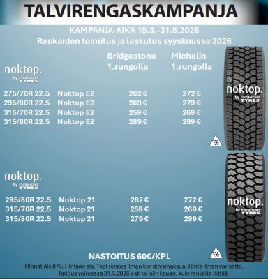 Tyylitelty kuva kymmenestä kuorma-auton renkaasta.