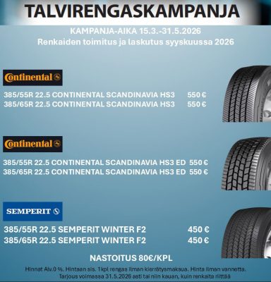 Tyylitelty kuva kuudesta kuorma-auton renkaasta.